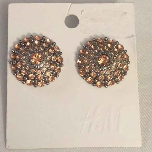 H&M Rose Rhinestone Round Silver Tone Earrings NOC - Picture 1 of 6